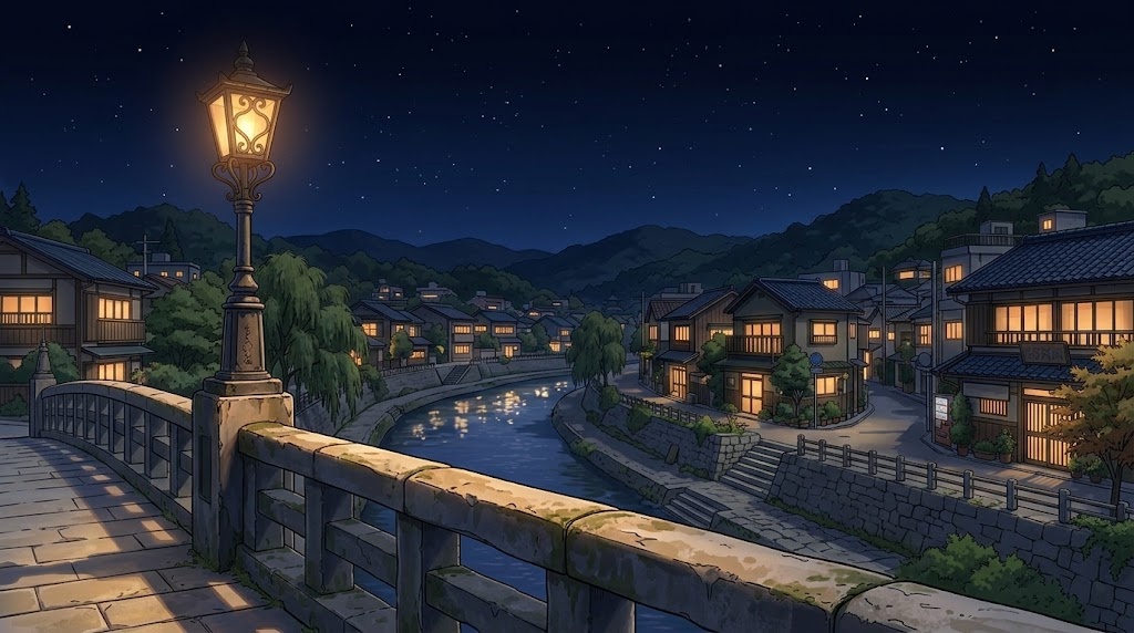 橋の上からの夕景の背景イラスト(夜)