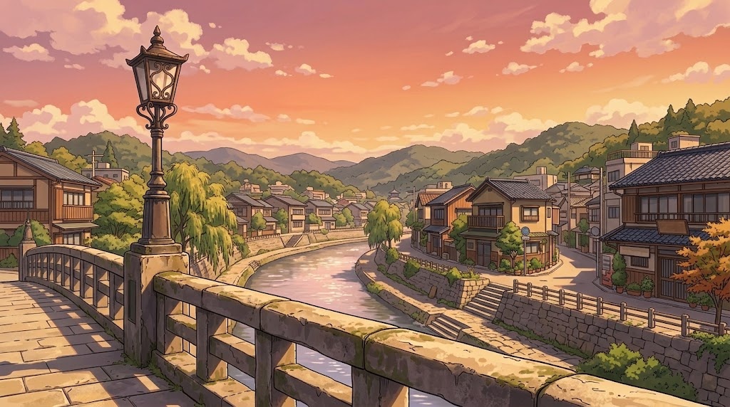 橋の上からの夕景の背景イラスト(夕方)