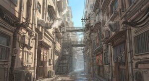 サイバーパンクな路地裏の背景イラスト（昼）