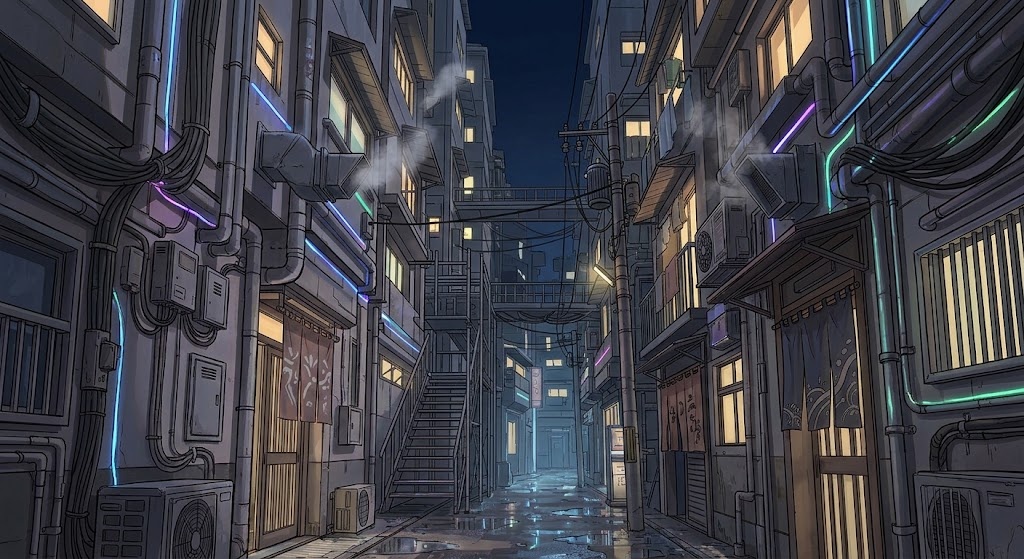サイバーパンクな路地裏の背景イラスト（夜）