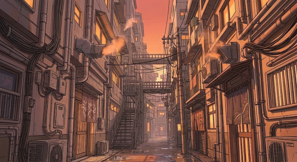 サイバーパンクな路地裏の背景イラスト（夕方）