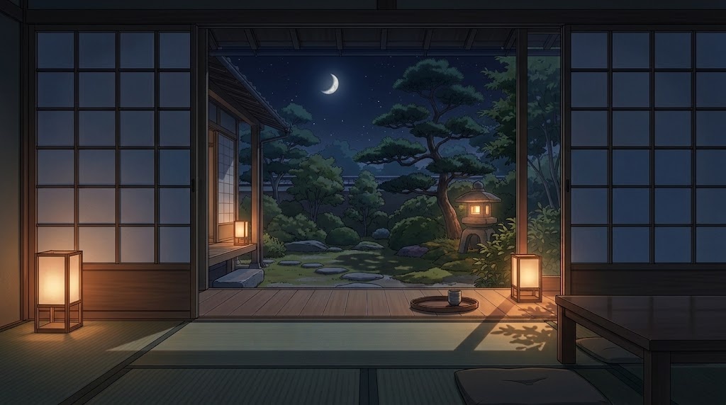 縁側のある和室の背景イラスト(夜)