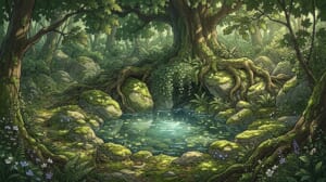 森の奥の妖精の泉の背景イラスト（昼）