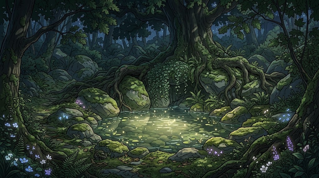 森の奥の妖精の泉の背景イラスト(夜)