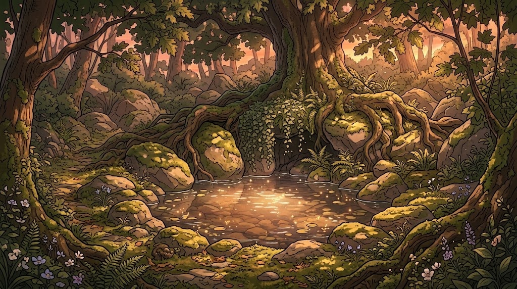 森の奥の妖精の泉の背景イラスト(夕方)