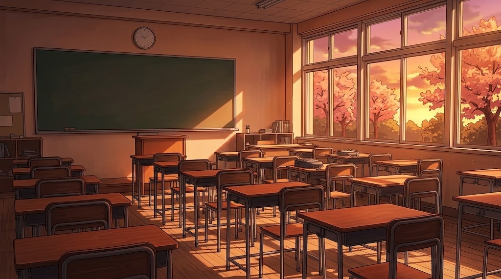 放課後の教室の背景イラスト（夕方）