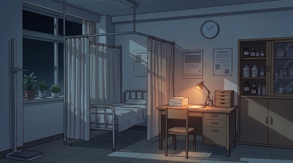 保健室の背景イラスト(夜)