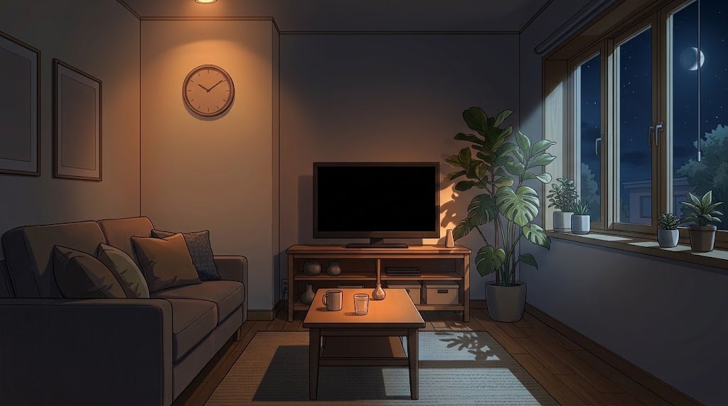 リビングルームの背景イラスト（夜）