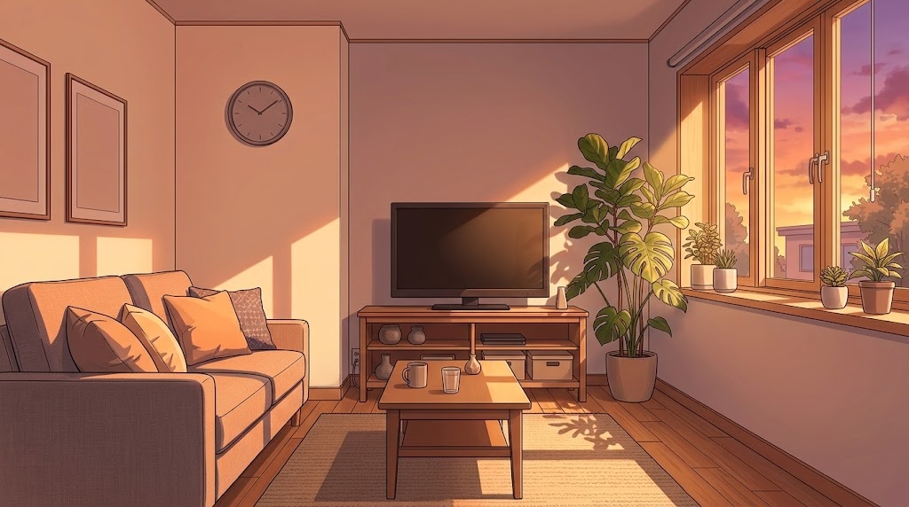 リビングルームの背景イラスト（夕方）