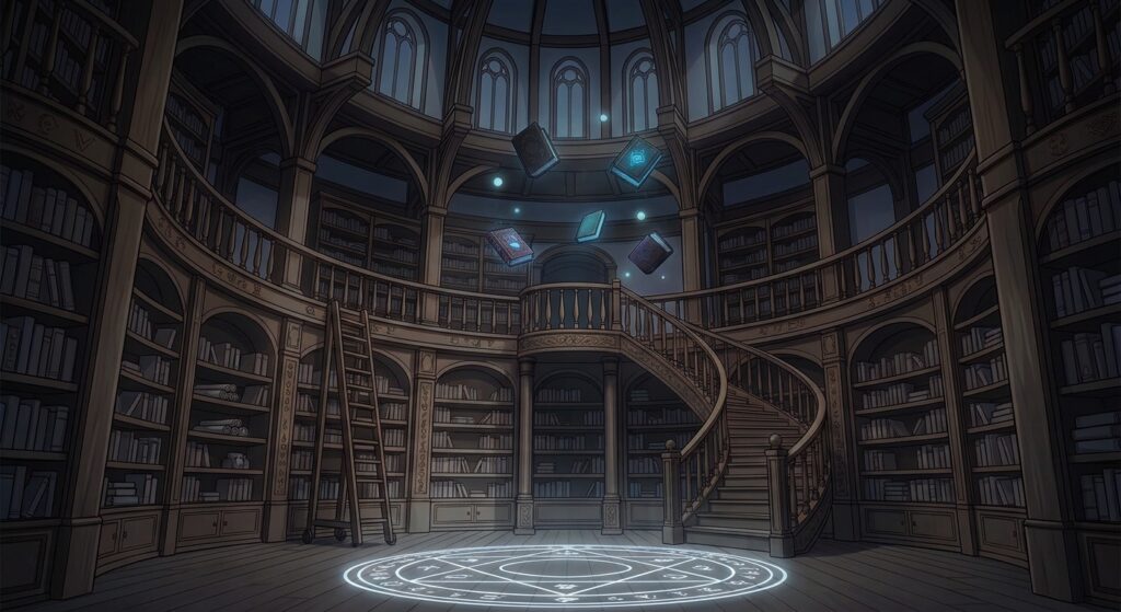 天井まで届く螺旋状の木製本棚に囲まれた魔法学校の図書室(夜)