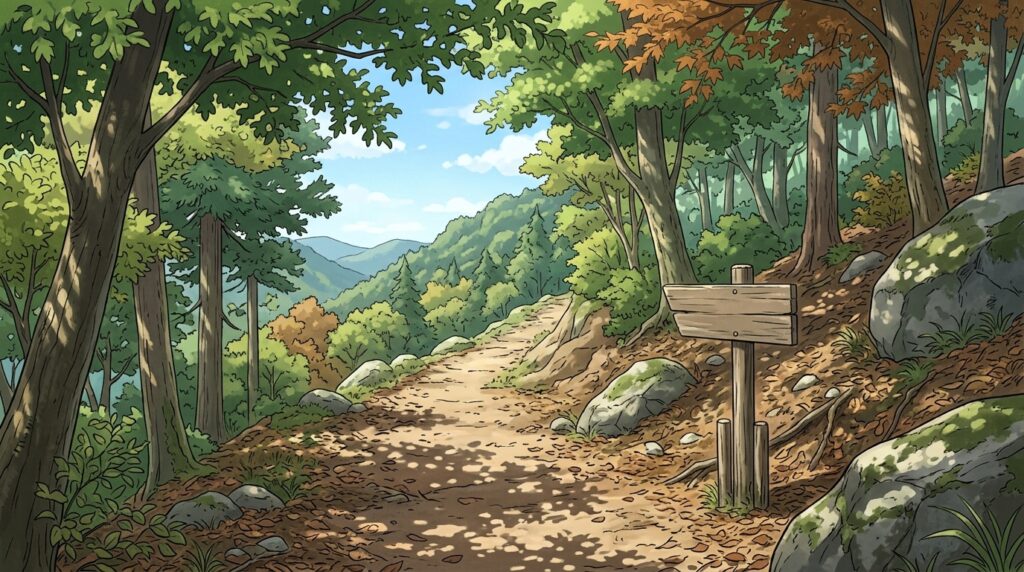 木々に囲まれた山道のハイキングコース(昼)