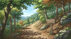 山道のハイキングコースの背景イラスト（昼）