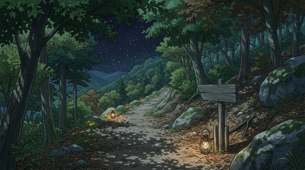 木々に囲まれた山道のハイキングコース(夜)
