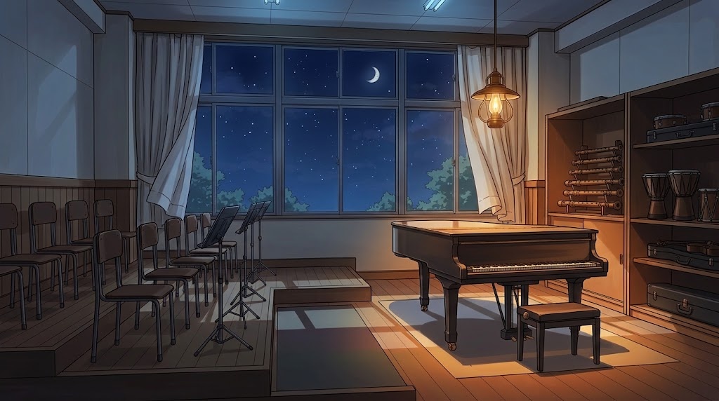 音楽室の背景イラスト（夜）