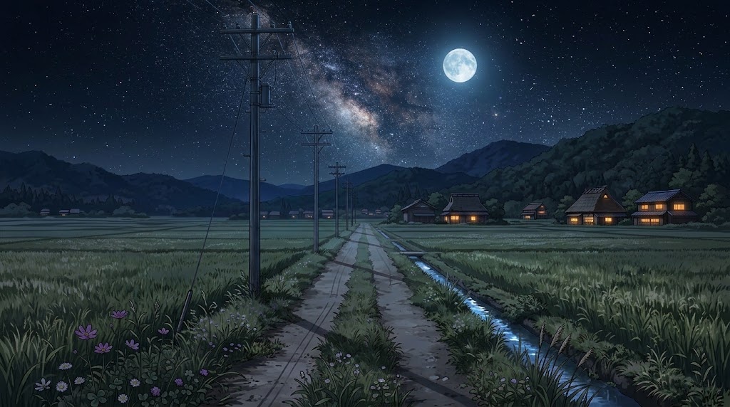 田んぼの畦道の背景イラスト(夜)