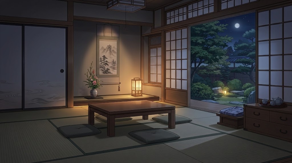 旅館の和室の背景イラスト(夜)