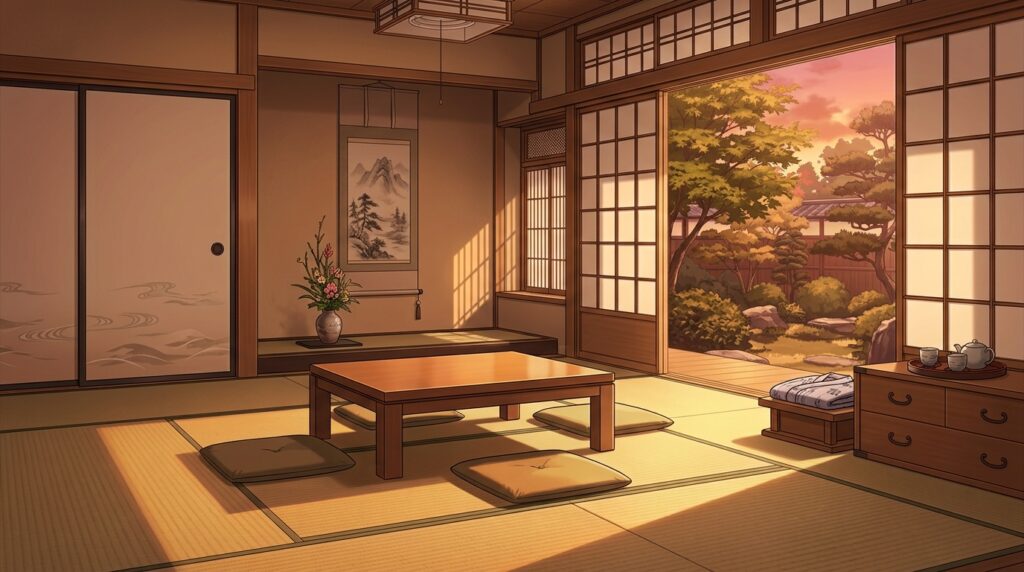 旅館の和室の背景イラスト(夕方)