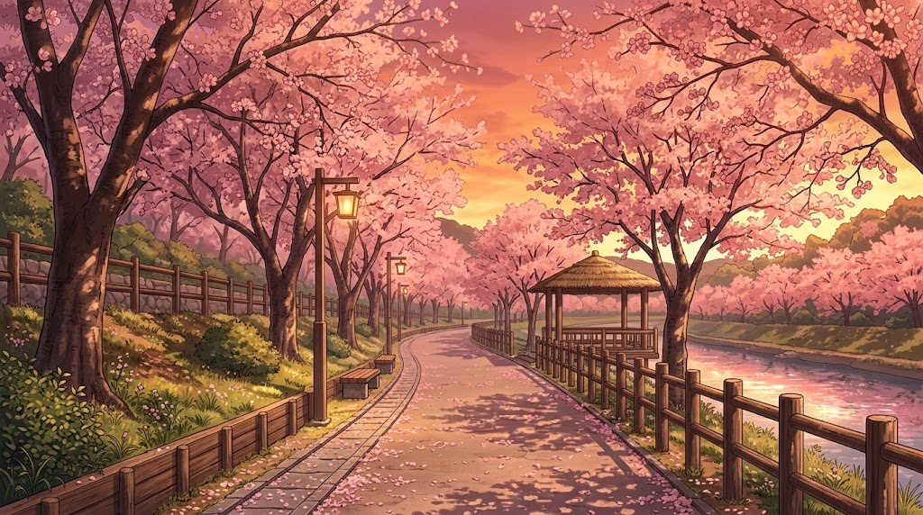 桜並木の遊歩道の背景イラスト(夕方)