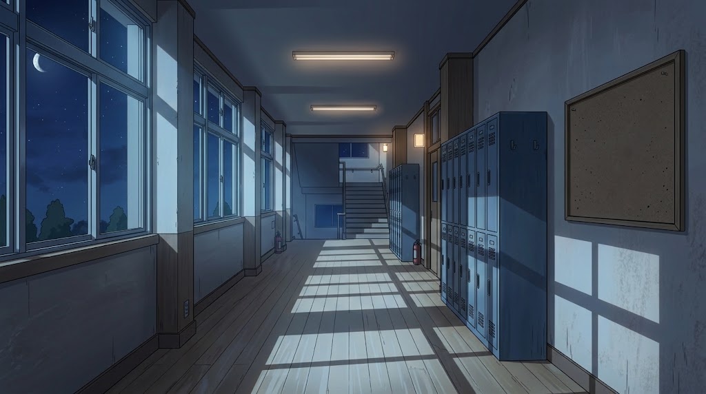学校の廊下の背景イラスト（夜）