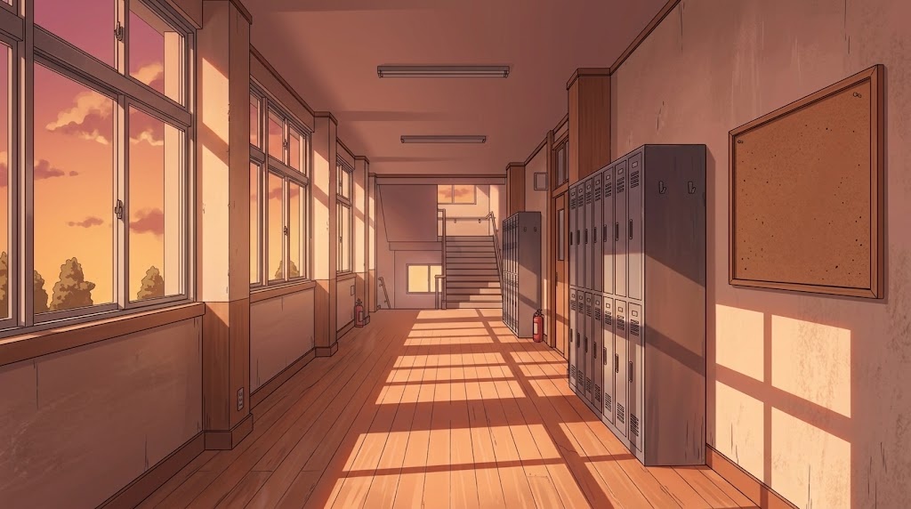 学校の廊下の背景イラスト（夕方）