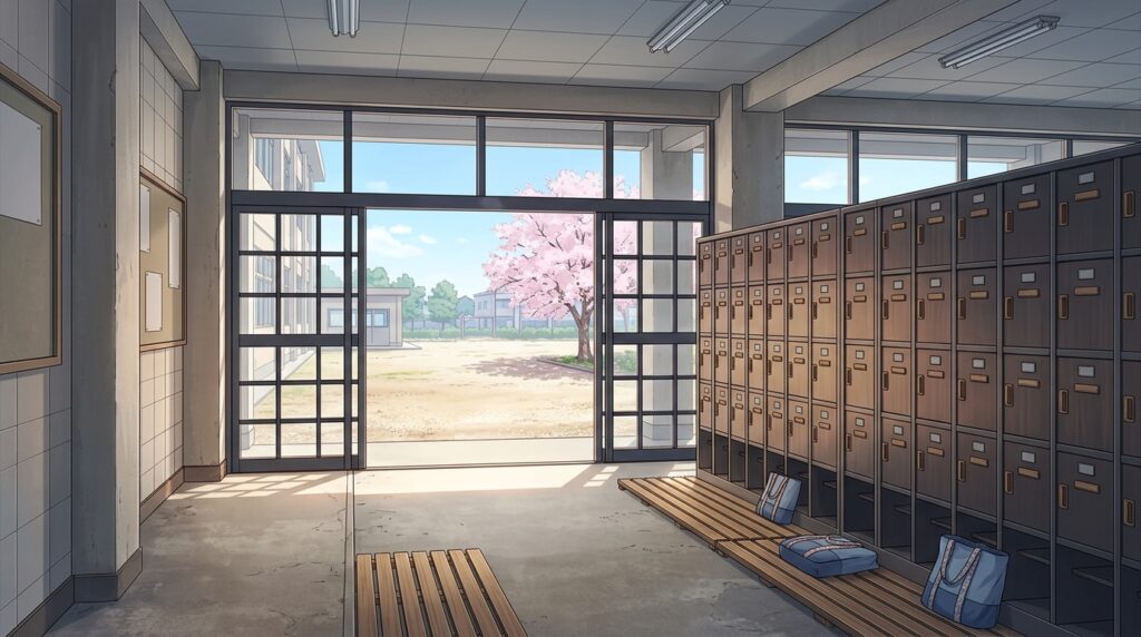昇降口と下駄箱の背景イラスト(昼)