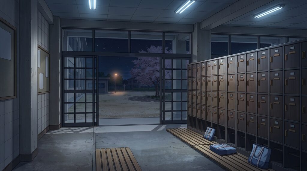 昇降口と下駄箱の背景イラスト(夜)