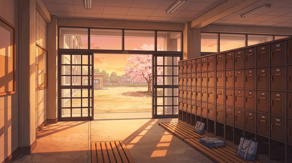 昇降口と下駄箱の背景イラスト(夕方)