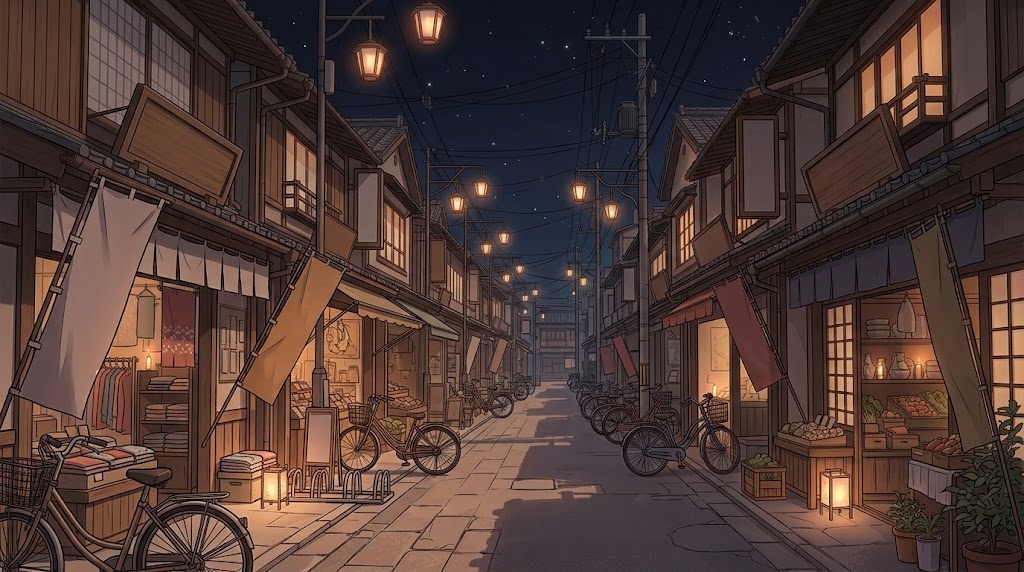 商店街の背景イラスト(夜)