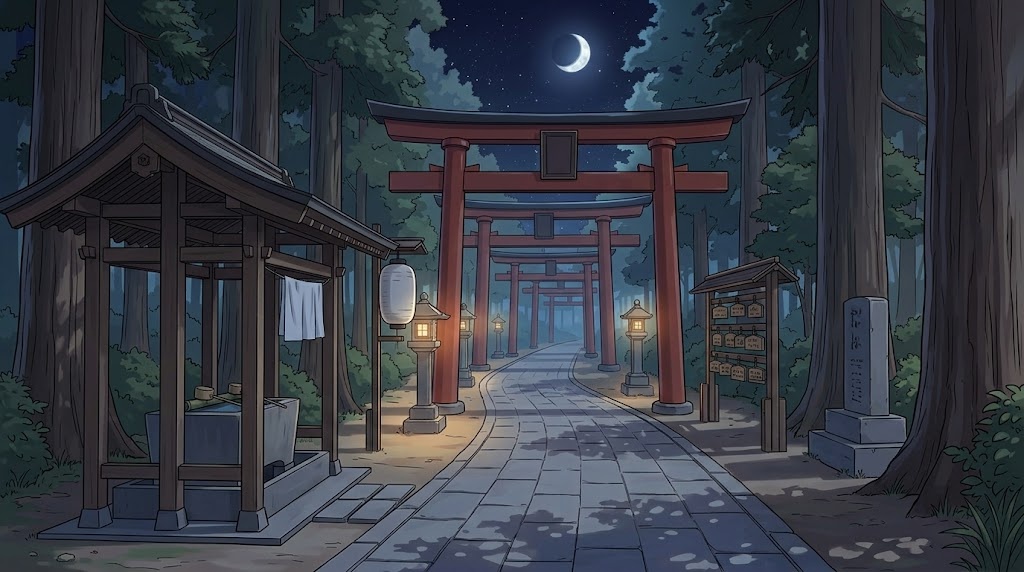 神社の参道の背景イラスト(夜)