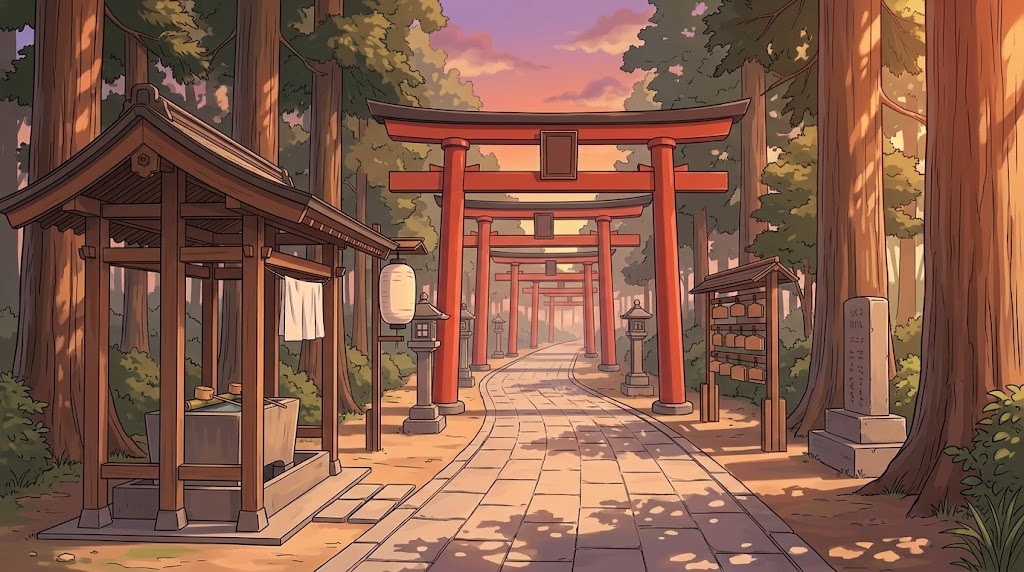 神社の参道の背景イラスト(夕方)
