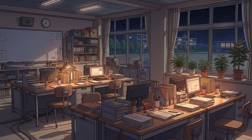 職員室の背景イラスト(夜)