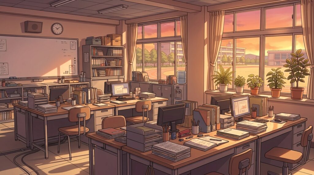 職員室の背景イラスト(夕方)