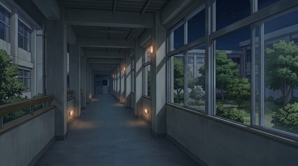 校舎と校舎をつなぐ渡り廊下(夜)