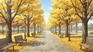 紅葉のいちょう並木の背景イラスト（昼）