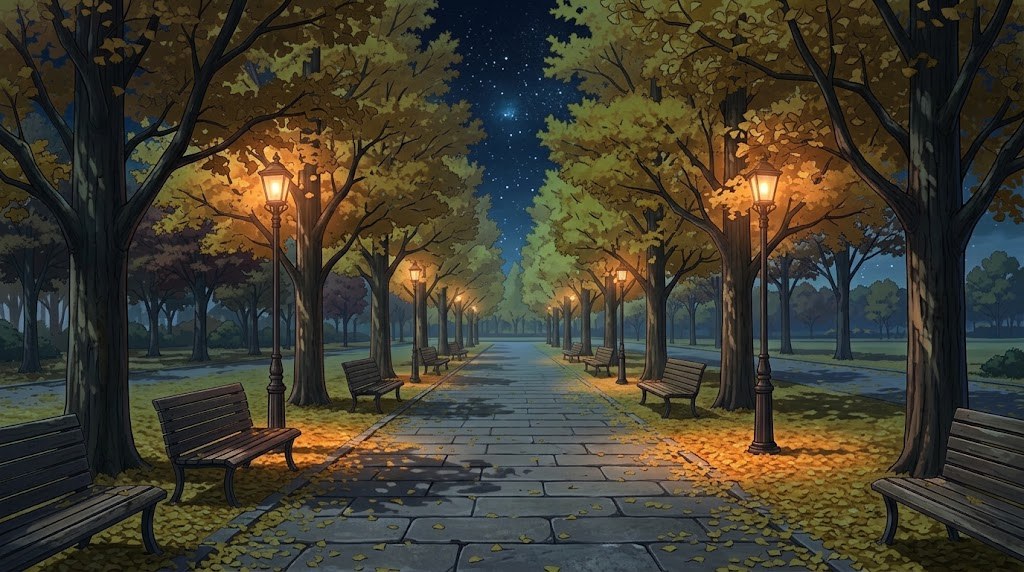 紅葉のいちょう並木の背景イラスト（夜）