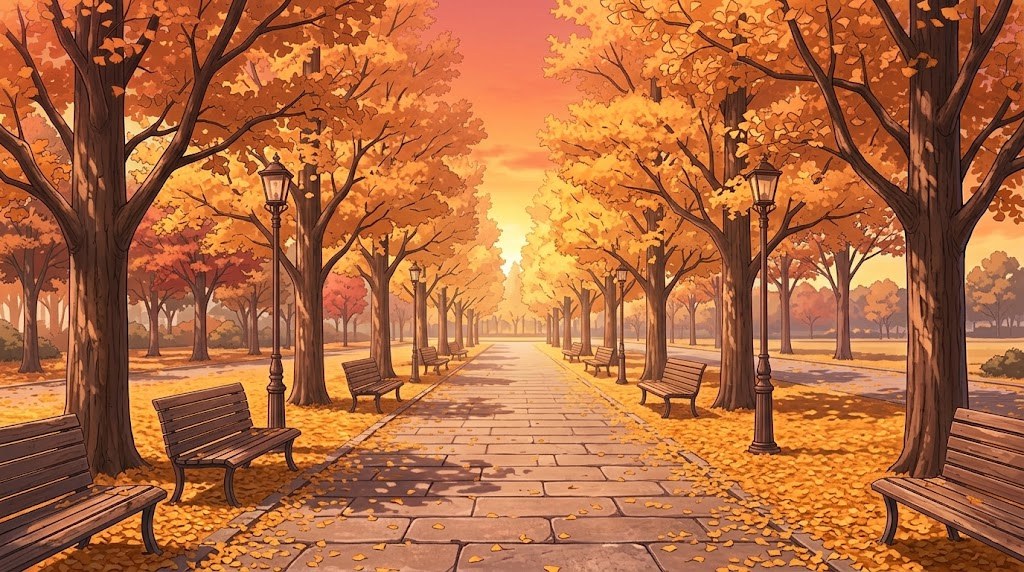 紅葉のいちょう並木の背景イラスト（夕方）