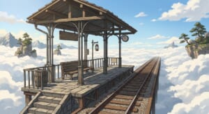 空の駅のプラットホームの背景イラスト（昼）
