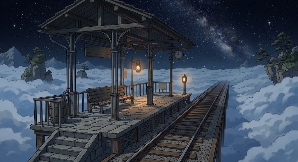 空の駅のプラットホームの背景イラスト(夜)