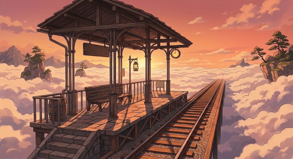 空の駅のプラットホームの背景イラスト(夕方)