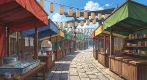 夏祭りの縁日通りの背景イラスト（昼）