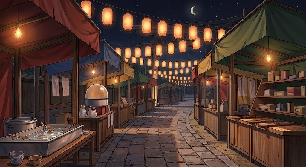 夏祭りの縁日通りの背景イラスト（夜）