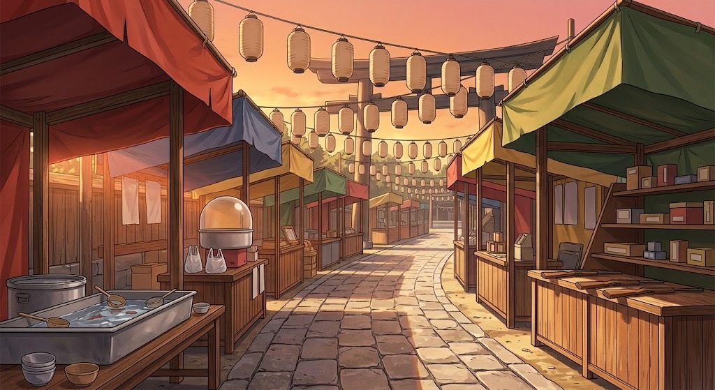 夏祭りの縁日通りの背景イラスト（夕方）