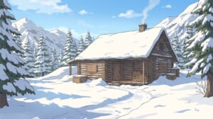 雪の山小屋の背景イラスト（昼）