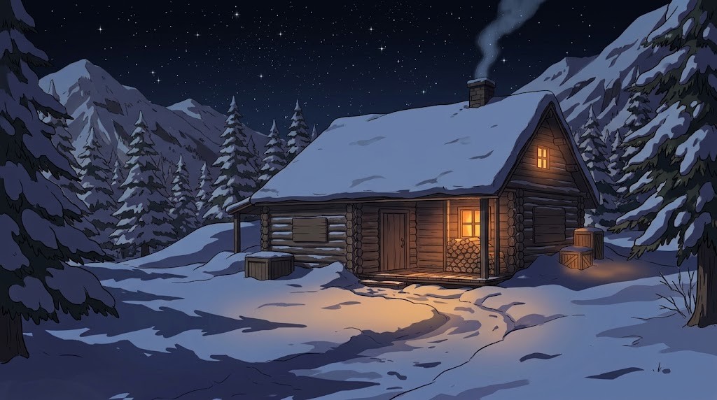 雪の山小屋の背景イラスト(夜)