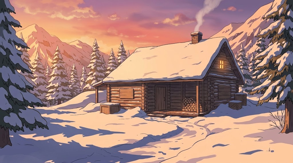雪の山小屋の背景イラスト(夕方)
